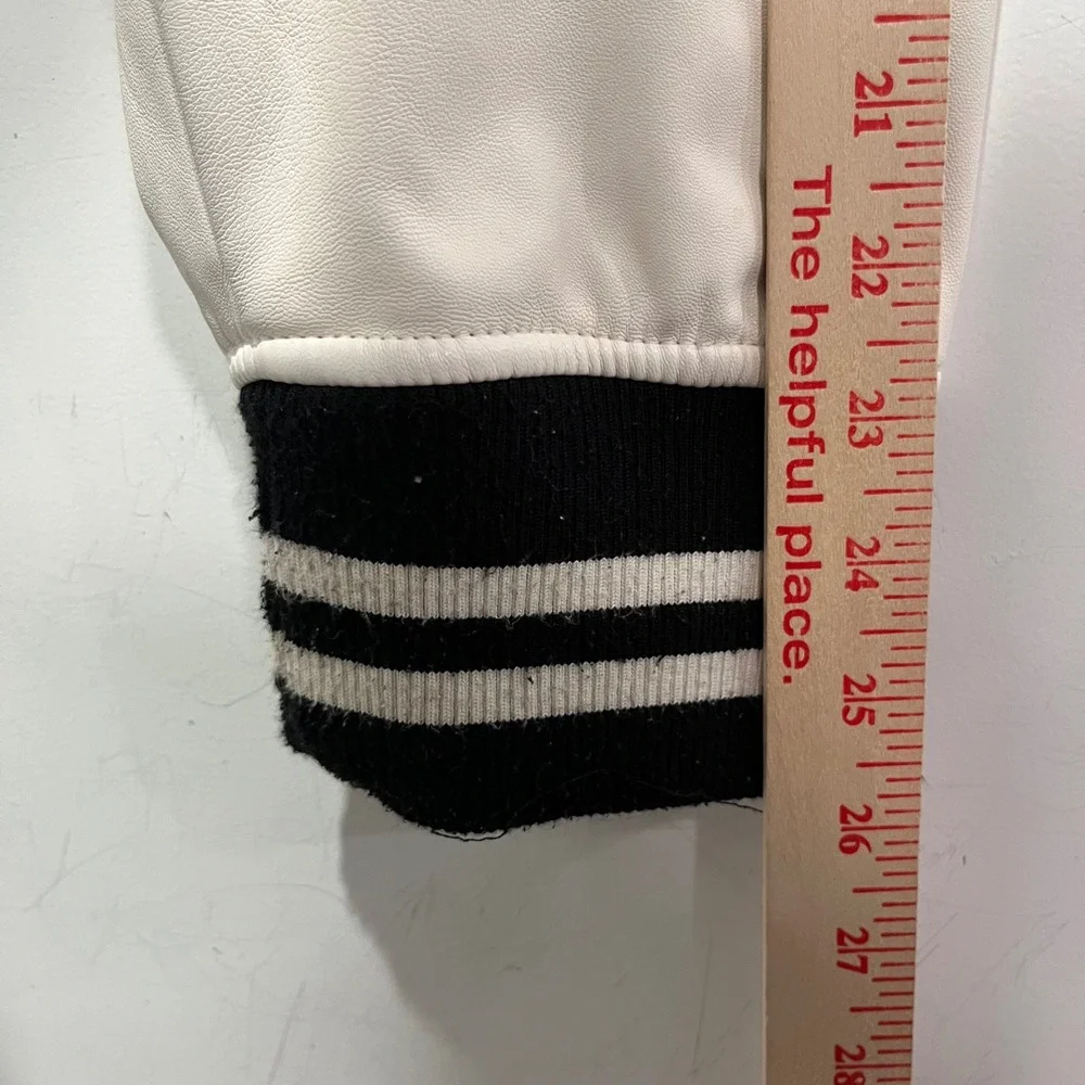 True Religion Mens Hooded Varsity Letterman Jacket Black Cream Chenille Patch L